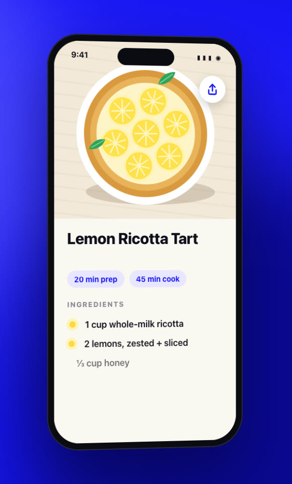The same recipe as a clean card: Lemon Ricotta Tart, prep and cook times, and its ingredients.