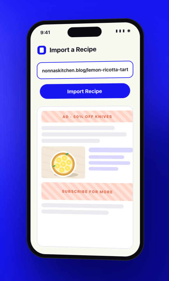 A recipe blog page crowded with ads, with its link pasted into Recipe.Social's import screen.