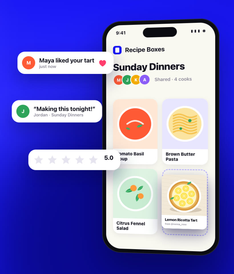 A shared Sunday Dinners recipe box with four cooks, next to notifications: a like, a comment, and a five-star rating.